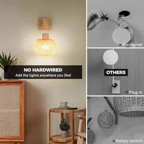 Battery Operated Wall Sconce with Remote Set of 2, Rechargeable Rattan Wall Sconces with 8000mAh Bulbs, Woven Bamboo Wall Light/Lamp Boho Wall Sconce for Bedroom