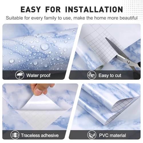 White and Blue Marble Contact Paper Sky Peel and Stick Wallpaper Countertop Furniture Waterpoof Self Adhesive Removable Glossy Wall Paper Kitchen Livingroom Bathroom Cabinet 17.5"x80"