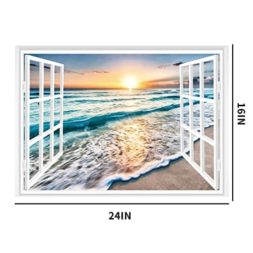 FLFK Fake Window Wall Sticker - Sunset Beach Faux Window Wall Mural for Wall Decor, Stick and Peel Wall Decals,16"x24"
