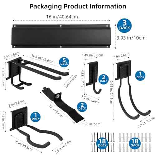 Sinoer Heavy Duty Steel Garage Wall Mount Garden Tool Organizer with 9 Adjustable Metal Hooks and 2 Straps, for Garden Tools, Chairs, Brooms, Mops, Rakes, Shovel