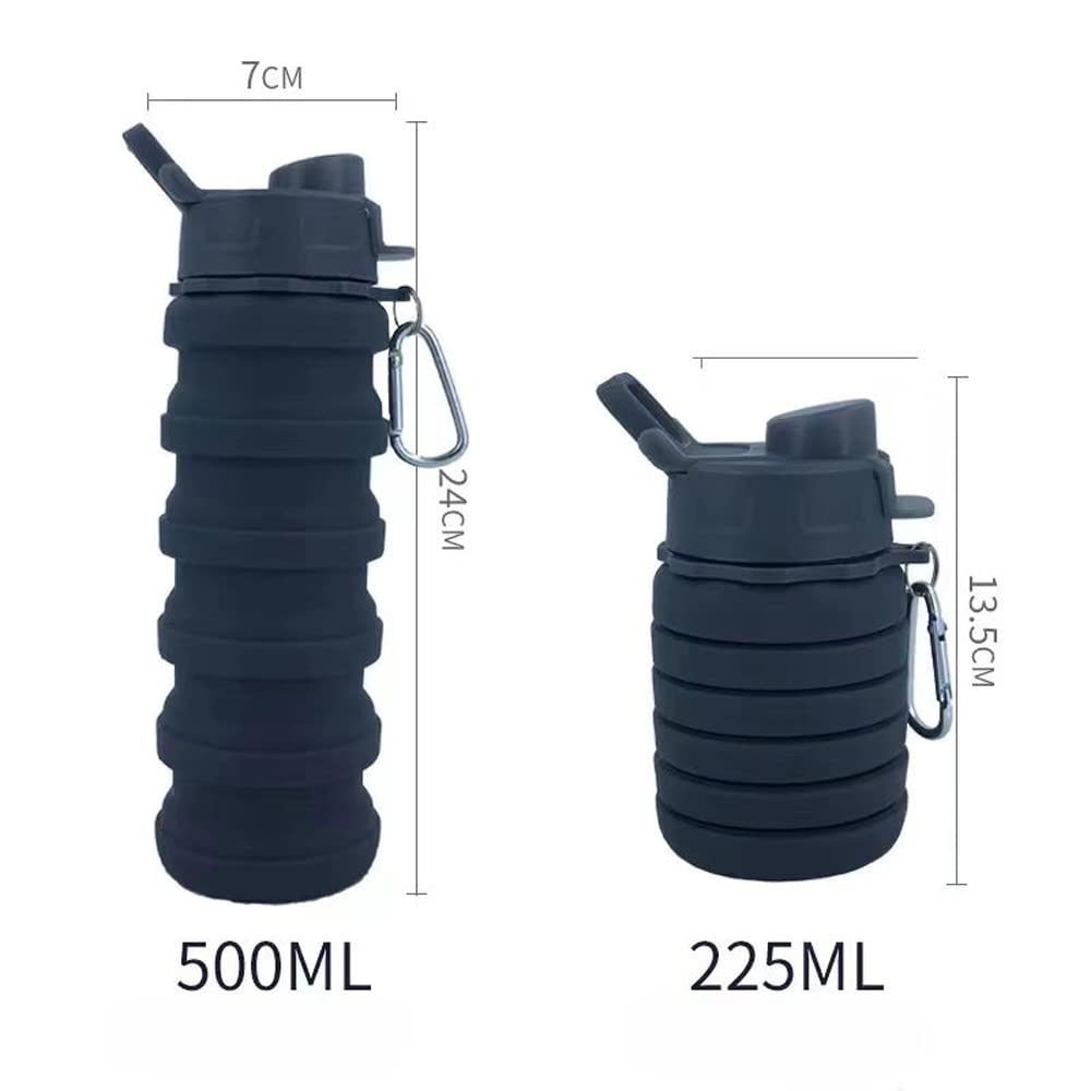 konlongzan Collapsible Water Bottles 2 Pack Silicone Water Bottle with Carabiner Expandable Water Bottle 500ml Portable Sport Water Bottle for Travel Camping.(Black+Purple)