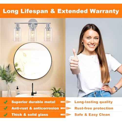 DLLT 3-Light Bathroom Light Fixtures: Chrome Modern Vanity Lights with 3 E26 Bulbs - Clear Glass Shade Bathroom Wall Lamp for Mirror Kitchen Living Room Hallway Cabinet Porch