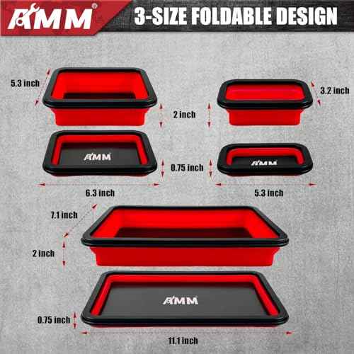 AMM Foldable Magnetic Parts Tray Set, 3 Different Size Magnetic Tool Trays for Bolts Screws Nuts & Small Metal Parts, Mechanic Tool Present for Men£¬Red