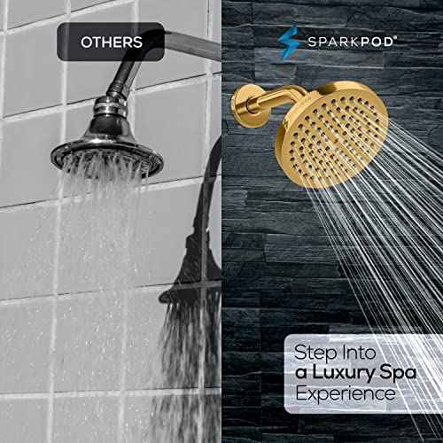 SparkPod 6" Rain Shower Head with 6" Shower Arm - High Pressure Rain - Luxury Modern Look - No Hassle Tool-less 1-Min Installation - Water Saving Shower Head - Luxury Spa Experience (Egyptian Gold)