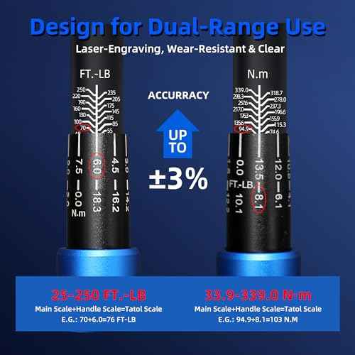 1/2-Inch Drive Click Torque Wrench, Dual-Direction Click Professional Torque Wrench 40-300FT.LB/33.9-339N.M, Dual Range Scales Graduated in FT.LB and N.M, Blue