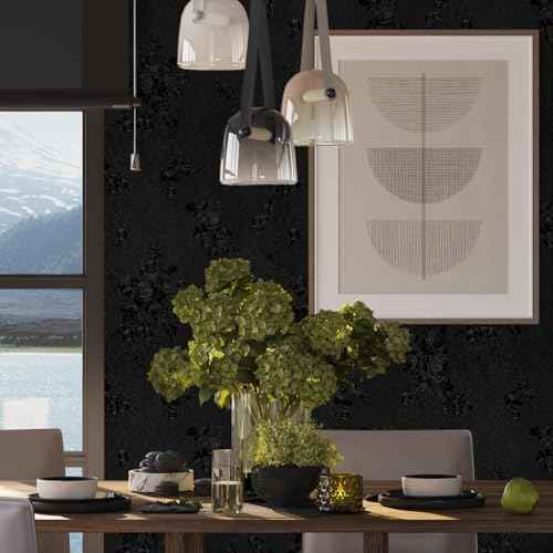 Black Peel and Stick Wallpaper Floral Black Wallpaper 17.7inch x 118.1inch Embossed Flower Contact Paper Peel and Stick Textured Self Adhesive Removable Wall Paper Floral Vinyl for Cabinets