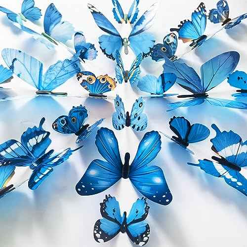 Ewong 60Pcs 3D Butterfly Wall Decor, Decoration Party Birthday Cake Waterproof Removable Mural Sticker, Butterflies Wall Art Home Decals Living Room Bathroom Bedroom Office Decorative (Blue)