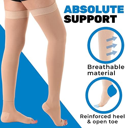 ABSOLUTE SUPPORT Compression Thigh High Stockings 20-30mmHg for Swelling, Silicone Border & Open Toe Socks for Women & Men, A213SW