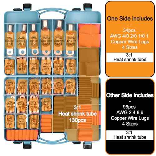 240Pcs Battery Cable Terminals Crimp Connector AWG8 4 6 2 1 1/0 2/0 4/0 Gauge 1/4 5/16 3/8 1/2 inch Copper Ring Lugs Wire Ends Assortment with 3:1 Heat Shrink Tube kit in Two-Side Box