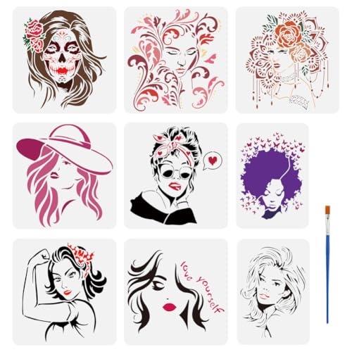 FINGERINSPIRE 9 Pcs Lady Stencils with a Brush 9 Styles Woman Face Pattern Painting Stencil Mandala Beauty Template Reusable PET Character Theme Template for Wood Wall Floor Tiles Furniture