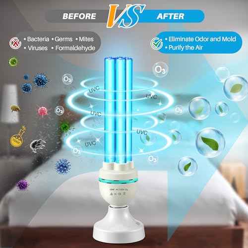 Qualirey 36 Watts UVC Ozone Light with Remote Control and UV Glasses, UV Lamp with E26 Base, 3 Gear Timer 15/30/60 Minutes, UVC Light Bulb for Basement, Bedroom, Kitchen, Storehouse, Car