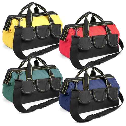 4 Pcs Tool Bags for Men, Heavy Duty Waterproof Tool Tote Bags with Shoulder Straps, Multi Pockets Tool Organizers with Wide Mouth and Hard Bottom for Electrician, Carpenter