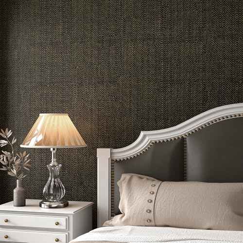 Black Gold Wallpaper Peel and Stick Grasscloth Wallpaper Herringbone Textured Woven Fabric Wall Paper Removable Self Adhesive Black Linen Contact Paper for Cabinets Bedroom Walls 17.7"x80"