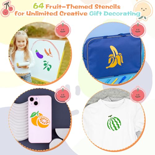 64Pcs Fruit Stencils for Painting, Reusable Vegetable Stencils Crafts Drawing Templates, Art Painting on Wood Wall Canvas,Fru & Veg Plastic Stencil for DIY Fabric Rock Home Decor (3 X 3 Inch)