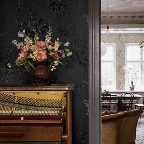 Black Peel and Stick Wallpaper Floral Black Wallpaper 17.7inch x 118.1inch Embossed Flower Contact Paper Peel and Stick Textured Self Adhesive Removable Wall Paper Floral Vinyl for Cabinets