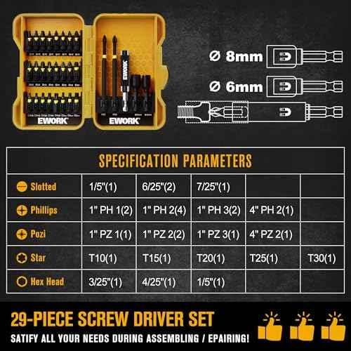 EWORK Screwdriver Bit Set 1/4 Hex Shank S2 Alloy Steel 29-Piece Magnetic Screwdriver Bits for Impact Driver with Tough Case