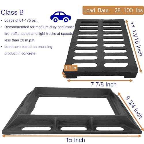 Cast Iron Drain Grate and Frame, 12x8 Outdoor Drain Cover, B Class Sewer Grate with Base, Durable Heavy Duty Channel Grate, Black Rectangle Drainage Grate for Driveway, Concrete, Yard