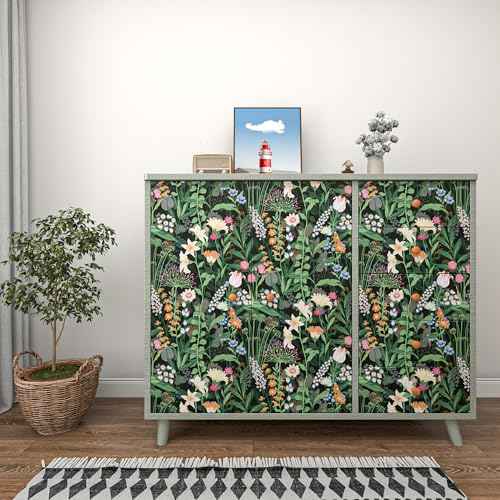 Tomete Boho Vintage Peel and Stick Wallpaper, Floral Wallpaper, Dark Green Black Flower Contact Paper for Cabinets and Drawers, Retro Renter Friendly Sticker, Waterproof, Self Adhesive, Removable