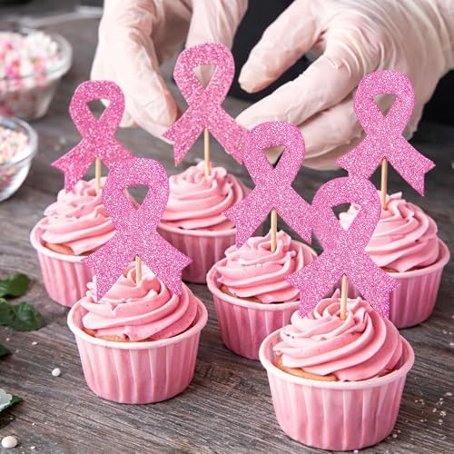Breast Cancer Cupcake Toppers, 24 Pack Pink Ribbon Cupcake Decorations for Breast Cancer Awareness Month, Paper Breast Cancer Awareness Cupcake Toppers for Fundraisers, Events & Support Parties