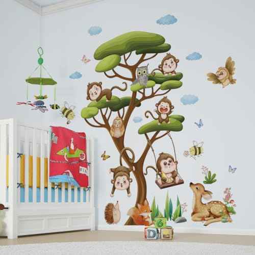 66.14 x 57.48 Inch Large Jungle Green Tree Wall Stickers Wild Monkey on The Tree Branches Wall Decals DIY Safari Sika Deer Owls Squirrels Grass Animals Decor for Kids Baby Bedroom Living Room Nursery