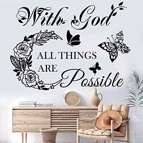 Inspirational God Things are Possible Vinyl Wall Sticker Peel and Stick Quote Bible Sticker Christian Wall Decor Quote Wall Art Stickers for Home Walls Living Room Bedroom Decoration