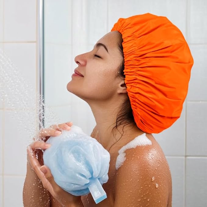 Reusable Shower Cap for Women, Large Waterproof Shower Bonnet with Elastic Band, Washable Bath Hair Cap for Long, Curly Hair, Braids, Daily Shower, Home Spa, Travel(Orange)