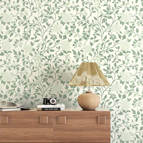 Leaf Peel and Stick Wallpaper Boho Contact Paper 17.3"x78.8" Green and Beige Floral Wallpaper Self Adhesive Removable Wall Paper Bathroom Decoration Wallpapers for Bedroom Vinyl Roll