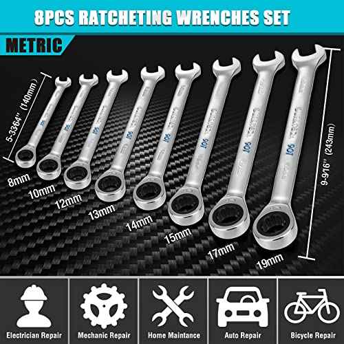 DURATECH 90-Tooth Ratcheting Wrench Set, Combination Wrench Set, 8-Piece, Metric, 8, 10, 12, 13, 14, 15, 17, 19mm, CR-V Steel, Organized in Wrench Rack
