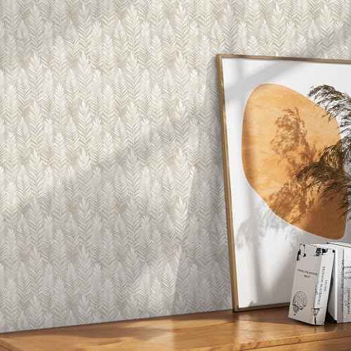 Beige Leaf Peel and Stick Wallpaper Boho 17.32" X 118.11" Modern Leaves Contact Paper Self Adhesive Removable DIY Wall Paper for Bedroom Kitchen Leaf Wallpaper Vinyl Roll
