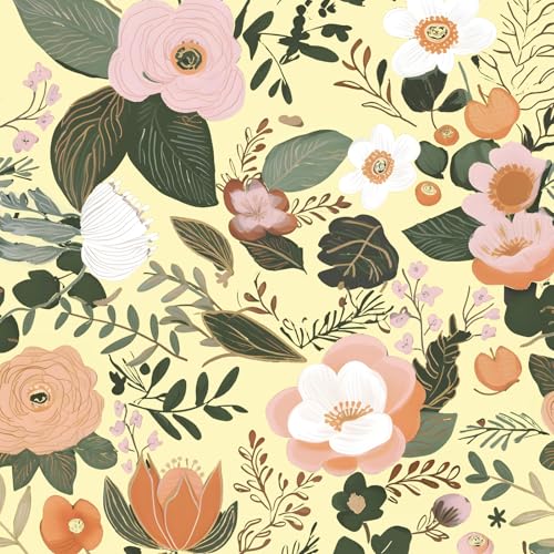 Danodoi Yellow Floral Peel and Stick Wallpaper Vintage Blue Contact Paper Pink Flower Wall Mural Home Vinyl Waterproof Self Adhesive Removable Renter Friendly Wall Paper 17.5" x 118"