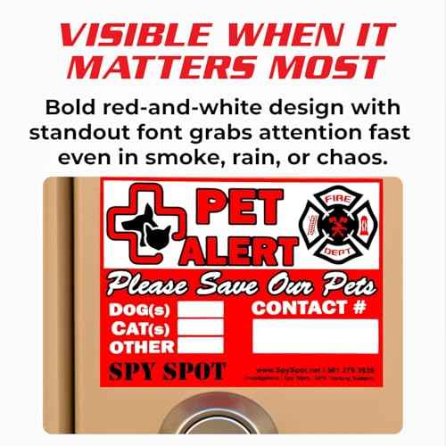 SpySpot 6 Pack Pet Alert Sticker, 4"x3" Emergency Rescue Alert Sign for Home, Window, Car, Door Fire Pet Safety Decal for Firefighters & EMTs, Weatherproof, UV Resistant, Peel & Stick