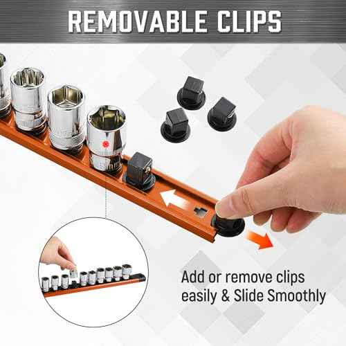 ALOANES 3PC Magnetic Tool Organizer, Heavy Duty Aluminum Rails with 360 Swivel Clips, 3/8-Inch Socket Organizer x 42 Clips (Orange)
