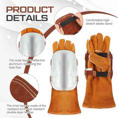 2 Pcs Hand Heat Shield, Welding Hand Pad, Aluminized Back Guard Flux Reflective Layered Split Cowhide Leather Gloves Supplies for Industrial Boiler Cutting, Metal Smelting, Welding