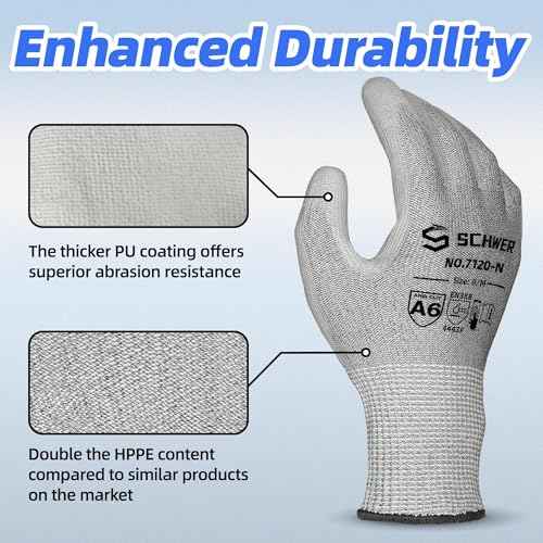 Schwer 12 Pairs ANSI A6 Cut Resistant Gloves CR7120 Cut Proof Work Gloves, Touchscreen, for Men and Women Used for Woodworking, Glass Cutting, Construction, Cargo Handling, Car Repair, L