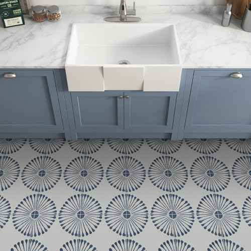 16-Sheet Peel and Stick Floor and Wall Tile, 9" x 9" Blue Stone Composite Self Adhesive Vinyl Flooring, Patterned Flower Groutble Backsplash Tile for Kitchen Bathroom Shower