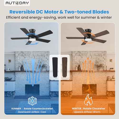 42 Inch Low Profile Ceiling Fan with Light, Black Ceiling Fans with Lights and Remote, Flush Mount, 6 Speeds Reversible Quiet DC, 3CCT Dimmable, Indoor Outdoor Ceiling Fans for Patios Bedroom