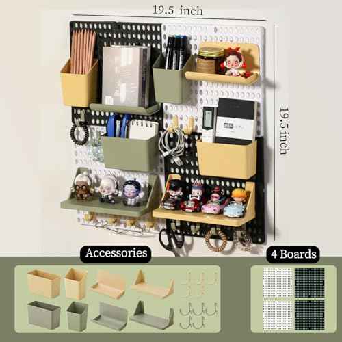 Pegboard Wall Organizer Combination Kit, Wall Organizer with 4 Pegboards and 20 Accessories Hanging, Wall Mounted Peg Board Display Panels for Home and Office - 19.5¡± x 9.5¡± (White and Black)