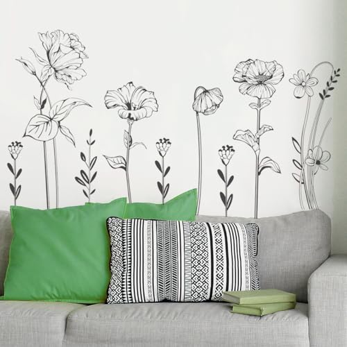 Runtoo Black and White Flower Wall Decals Simple Floral Boho Wall Stickers Bedroom Living Room Office Adult Home Decor
