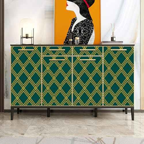 Ohmywor Peel and Stick Wallpaper Dark Green and Gold Wallpaper, Diamond Geometric Wallpaper Contact Paper, Self Adhesive Removable Decorative Trellis Wall Covering Vinyl 17.7"x118"