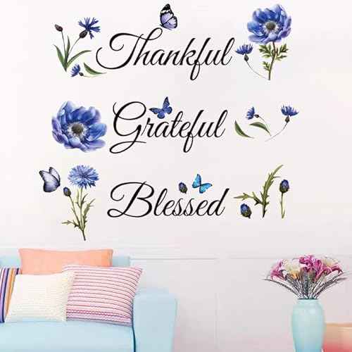 Inspirational Sticker Quote Grateful Thankful Blessed Removable Peel and Sticker Religious Wall Decor Blessed Wall Sign Inspirational for Kitchen Living Room Dining Room.