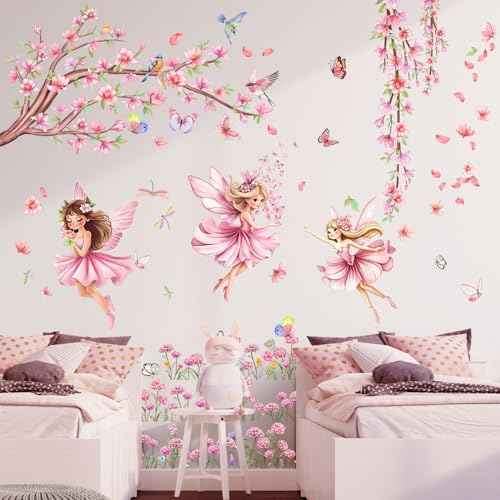 Pink Fairy Garden Wall Decals with Cherry Blossom Tree Floral Wall Stickers Peel and Stick Butterflies Birds DIY Wall Art for Girls Bedroom Baby Nursery Kids Room
