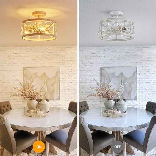 WUZUPS Crystal Leaf Chandelier 3-Light Vintage Farmhouse Industrial Semi-Flush Mount Ceiling Light Lighting Fixture for Foyer Hallway Storage Room Kitchen Bathroom, H 8.5" W 12", Antique White