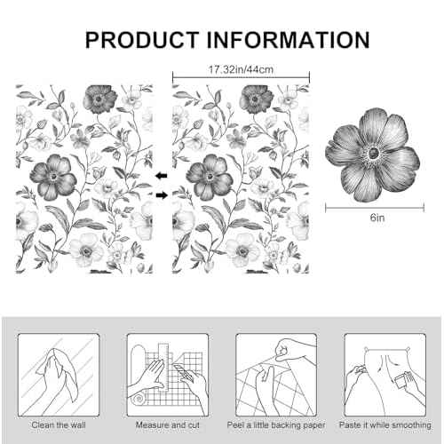 Hand Drawn Floral Contact Paper White and Black Peel and Stick Wallpaper 17.3"x120" Sketch Flower Waterproof Self Adhesive Removable Wall Paper for Countertop Furniture Bedroom