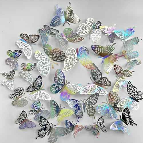 72PCS Silver Butterfly Wall Sticker Decal 3D Metallic Art Butterfly Mural Decoration DIY Flying Stickers for Kids Bedroom Home Party Cake Nursery Classroom Offices D?cor (Silver)