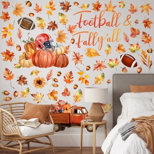 Haull 6 Sheets Thanksgiving Wall Decals Fall Maple Leaves Pumpkin Wall Peel and Stick Autumn Thanksgiving Decals for Windows Home Nursery Bedroom Living Room Office Party Decoration