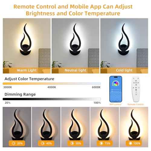 Modern Wall Sconce Set of 2, Wall Light Hardwired with 2.4G Remote Control, 10W LED Black Wall Mounted Lights, 3000K-6000K Dimmable, LED Wall Lights for Living Room Bedroom Hallway Bedside