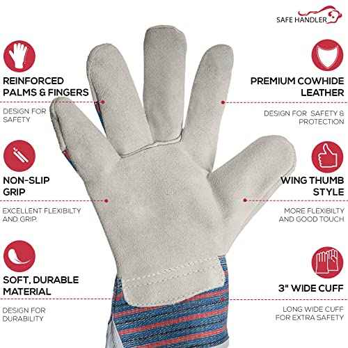 SAFE HANDLER Work Leather Gloves with Cool Cotton Lined Backing Lightweight & Versatile Split Leather Safety Cuff Work Gloves