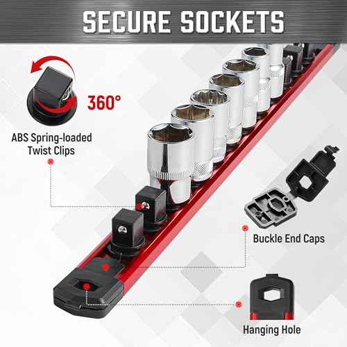 ALOANES 3-Piece Magnetic Socket Organizer, Heavy Duty Aluminum Socket Rails Organizer, 360¡Æ Swivel Clips Socket Holder Kit for Tool Box, 1/2, 3/8, 1/4-Inch Socket Holder x 40 Clips (Red)