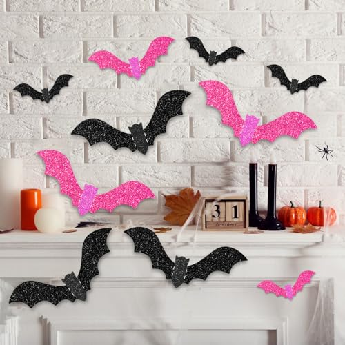 18 Pieces Halloween Bats Wall Decor, 3 Sizes 3D Glitter Pink Black Bats Stickers for Halloween Party Home Kitchen Bedroom Bathroom Decorations