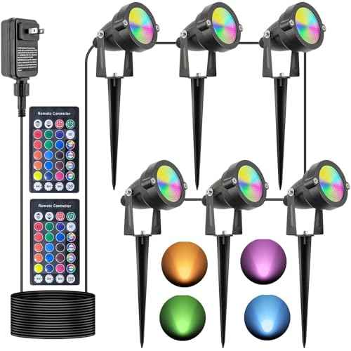 24W Halloween SpotLights with Timer, IP65 Waterproof Metal Landscape Lights RGB Spot Lights Outdoor Color Changing Spotlight for Yard Garden, 6 Lights
